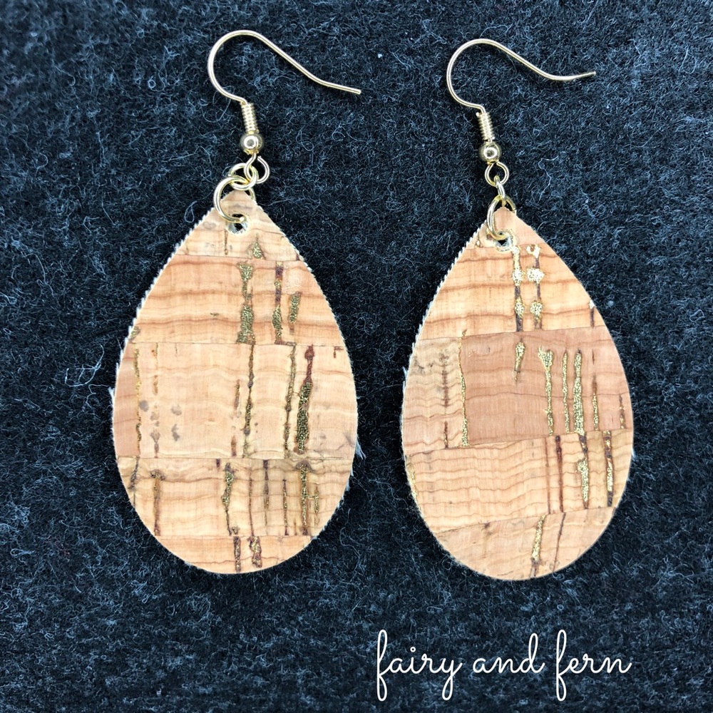 Cork Teardrop Earrings with gold metallic flecks